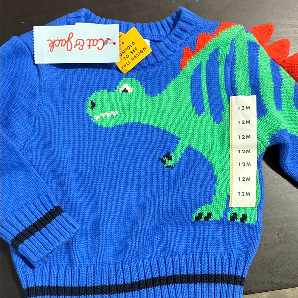 Cat & Jack Blue Sweater with Green Dinosaur and Red Spikes